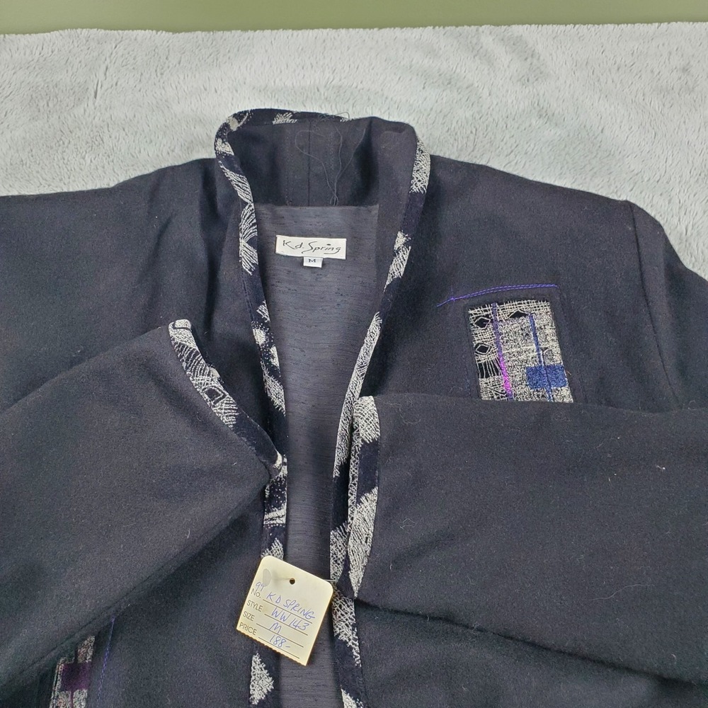 K.D. Spring Wool Open Front Cardigan Jacket Womens M Art To Wear Applique Black